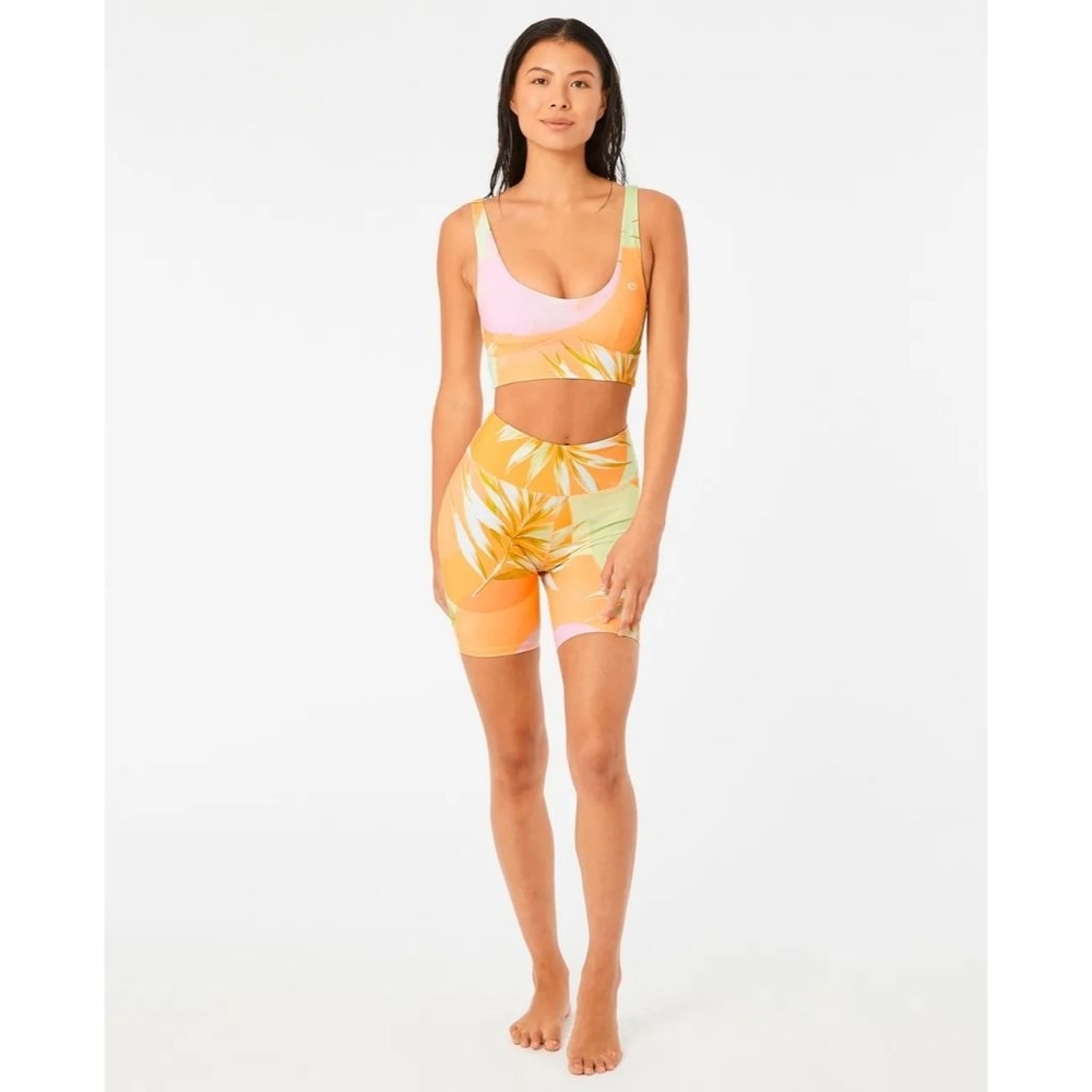 Rip Curl Orange Pink Green Tropical Print Athletic Bike Shorts & Crop Top Set